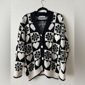Zara Black and White Heart Pattern Cardigan